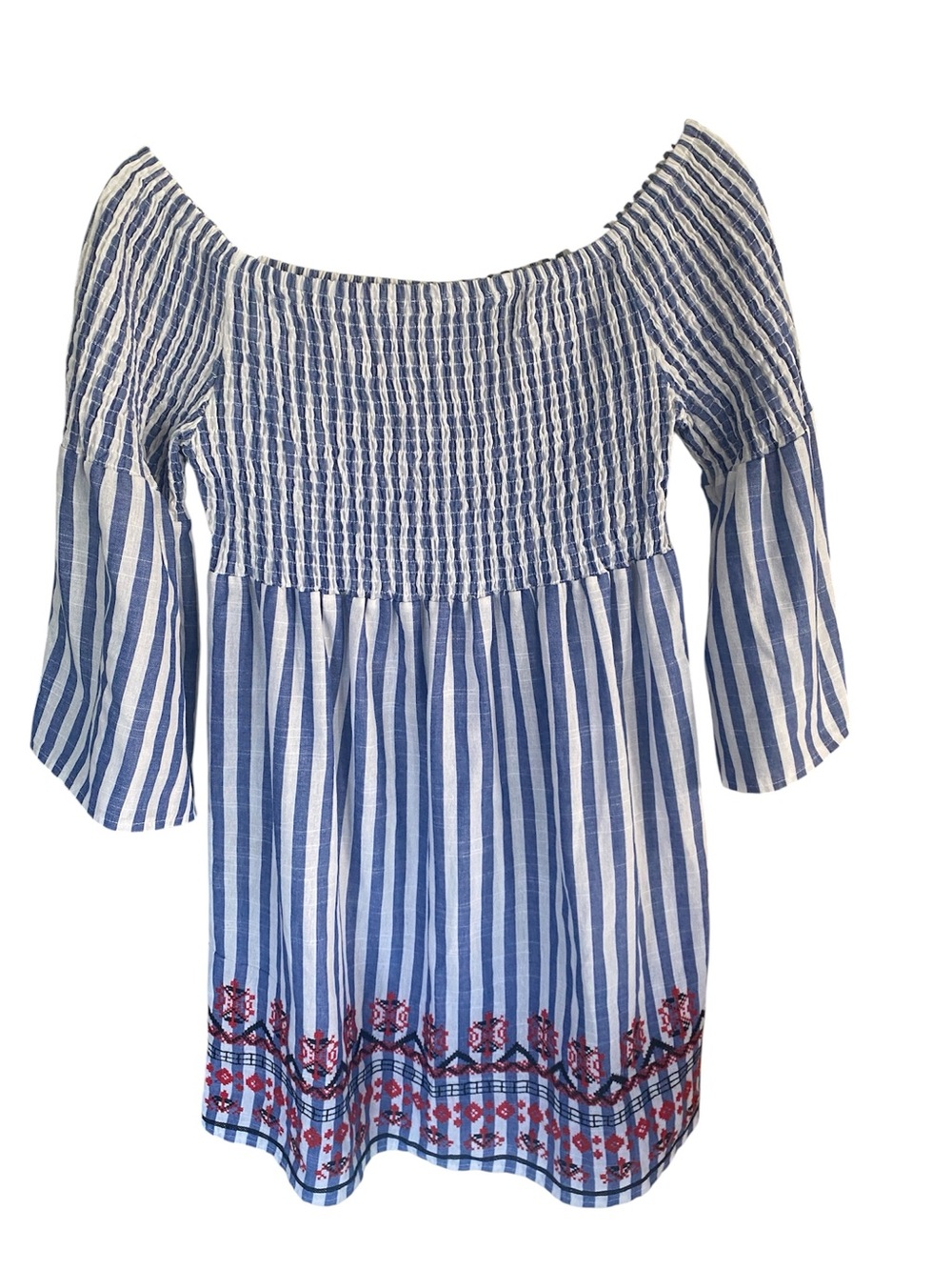 Braeve Blue and White Striped Women's Dress With Embroidered Detailing Size L